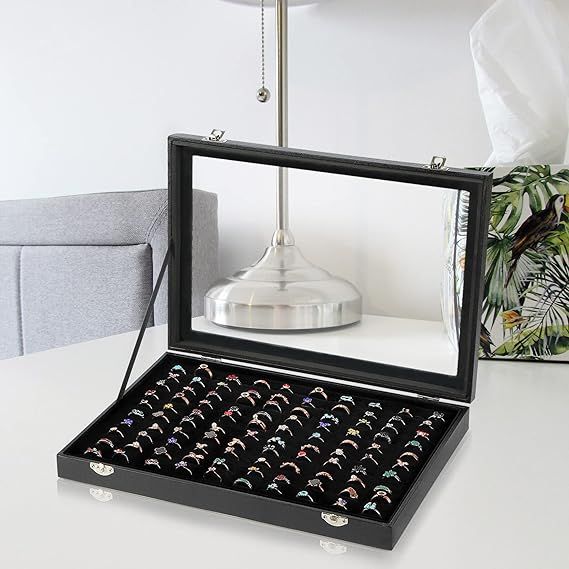 Ring Organizer Display Case, Ring Storage Tray for Multiple Rings with Clear Lid, Jewelry Tray Organizer, Ring & Earring Holder Storage Box for Shows ~ 100 Slots (Rose)