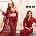 4Pcs Premium Transparent Net See Through Bridal Nighty Set | Women's nightwear 4pcs |. 