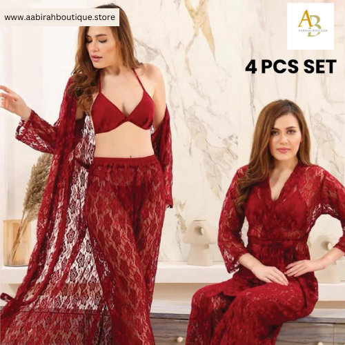 4Pcs Premium Transparent Net See Through Bridal Nighty Set | Women's nightwear 4pcs |