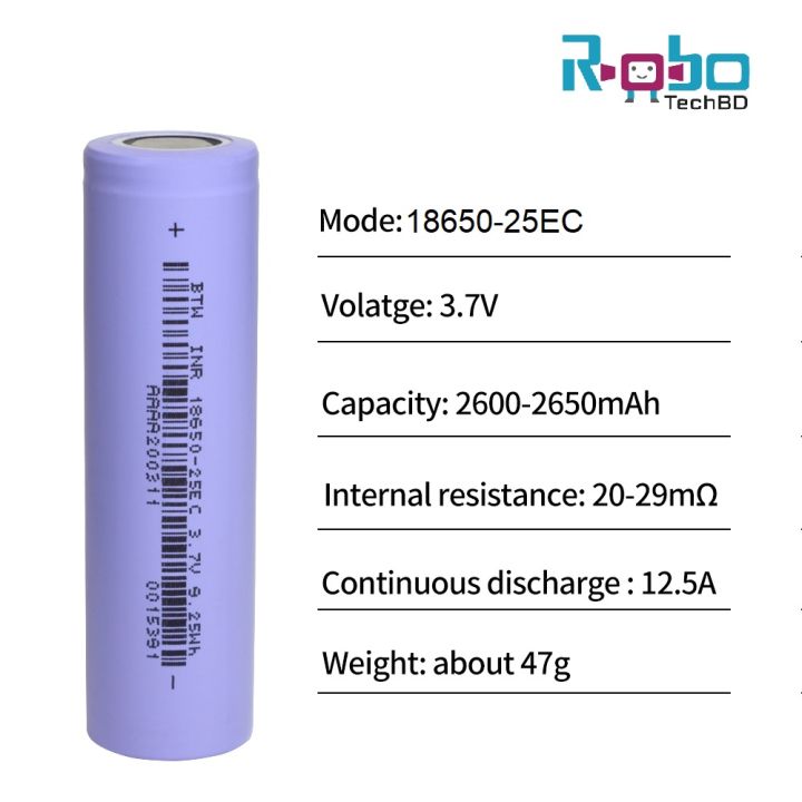 Original INR-18650 2500mAh 5C Lithium Battery (Used) 3.7V Rechargeable Batteries for EV Power Tools 100% Tested Capacity