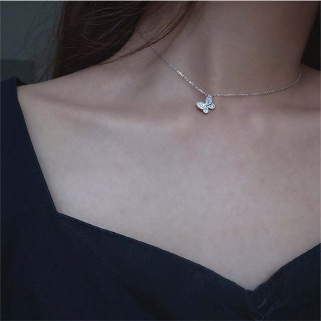 Trend Charming Dazzling Micro CZ Zircon  Butterfly Pendant Necklaces For Women Gift Choker  Silver Plated Jewelry