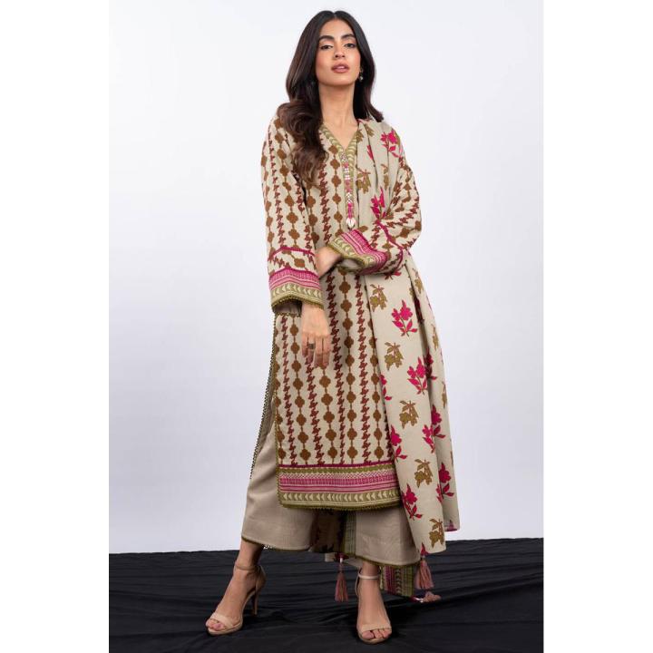 Alkaram Studio Unstitched 3 Piece Printed Khaddar Suit With Khaddar DupattaFW-13-23-Cream