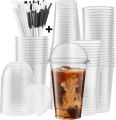 Disposable Plastic Cups Glass With Dome Lids Pack of 50 with Straw 380ml. 