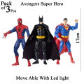 Pack of 3 pcs - Avengers Super Hero Action Figures With Led Light Toys For Kids and Boys Move able Spider Man Bat Man Super Man Spiderman Superman Batman. 
