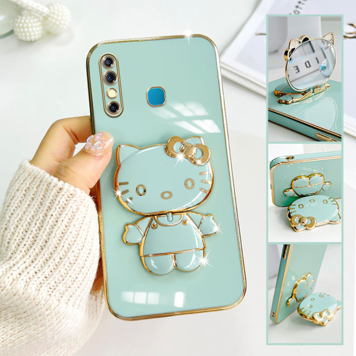 Hontinga for Infinix Hot 8 / Hot 8 Pro Back Cover + Makeup Mirror Lovely Folding Bracket Case For Gilrs Luxury 6D Plating Soft Silicone Phone Cases