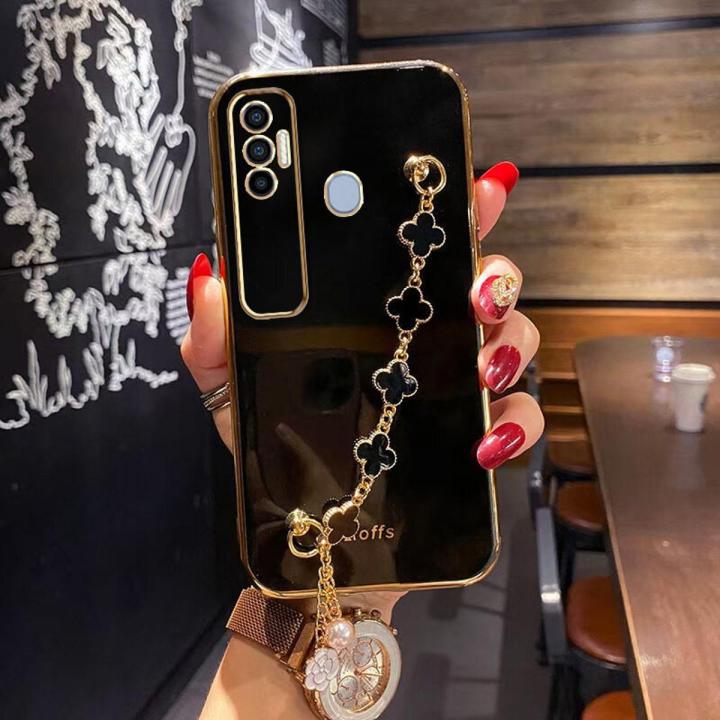COROGI for Tecno Spark 7 Pro Back Cover with Bracelet Wristband Luxury 6D Plating Frame Shiny Clover Chain Cases Soft Silicone Square Mobile Phone Case for Girls Boy