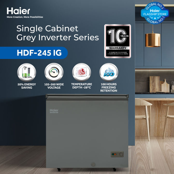 Haier 8.6 Cu Ft - HDF-245 IG - Inverter - Single Door Series - ( Inverter + Balanced Cooling + Super Freeze Function + Ref & DF Adjustable ) Grey Colour Deep Freezer- 10 Years Brand Warranty