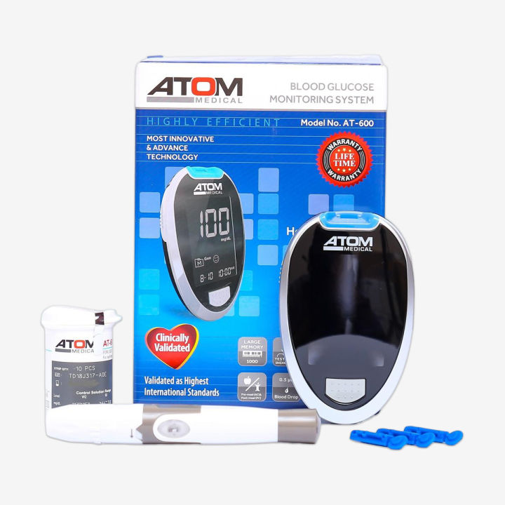 Atom Blood Glucose Sugar Test Meter Kit Glucometer Diabates with free accessories