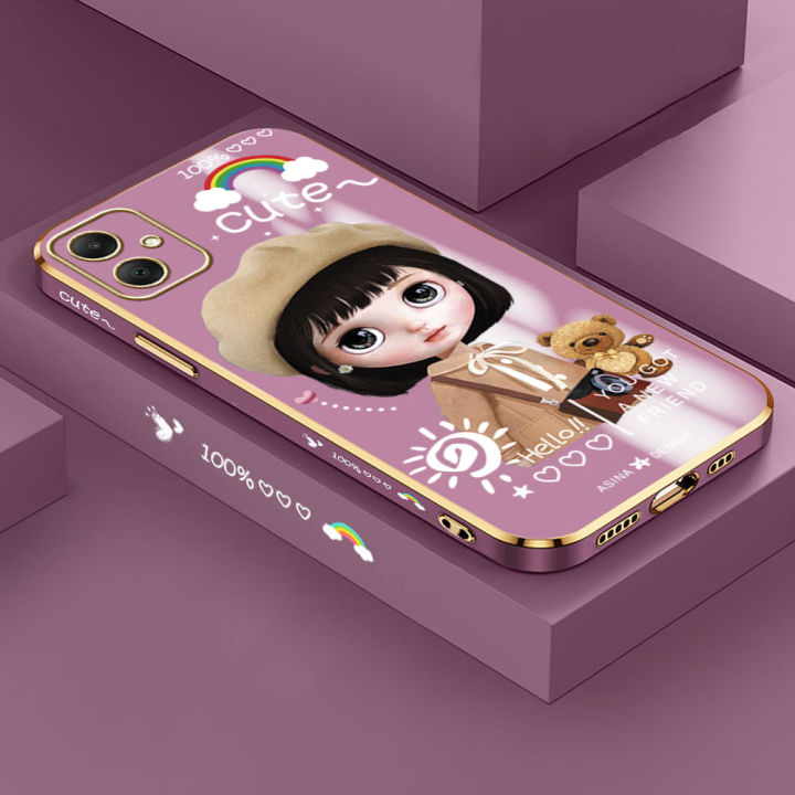 Free Lanyard for Samsung A05 Back Cover Cartoon Cute Girl Square Edge Pattern Cover Luxury Plating Soft Phone Case