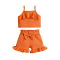 Infant Baby Two Piece Set, Toddler Solid Color Sleeveless Camisole Tops Elastic Waist Ruffle Hem Shorts. 