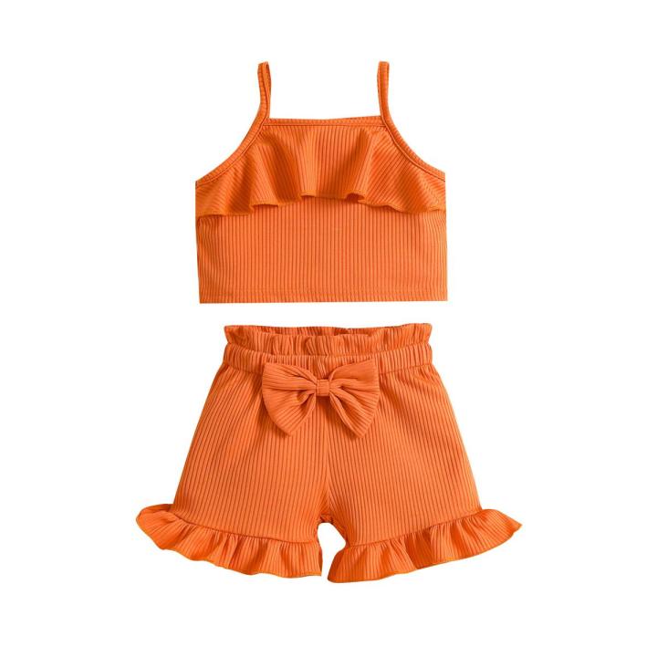 Infant Baby Two Piece Set, Toddler Solid Color Sleeveless Camisole Tops Elastic Waist Ruffle Hem Shorts
