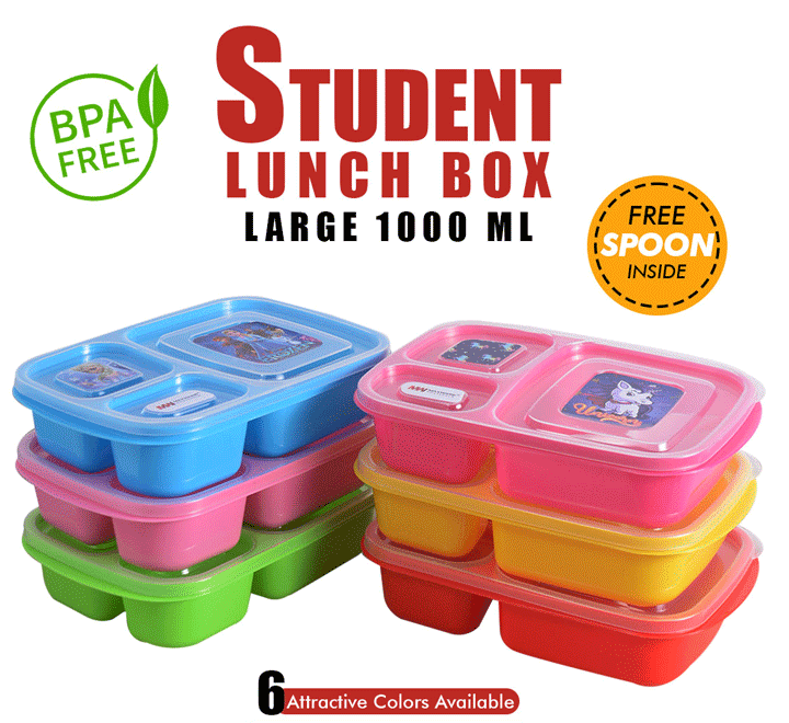 Student Lunch Box Large 1000ml, Lunch Box with three portions/Compartments - Free Spoon