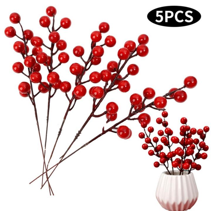 5pcs Artificial  Red Berries Simulation Foam Berries Branches for New Year Party DIY Wreath  Tree Decorations
