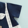 Baby Boy's Romper, Lapel Collar Short Sleeve Bow-Tied Plaid Printed One Piece Patchwork Jumpsuit. 
