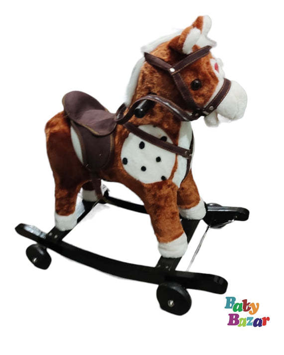 Small size rocking wooden horse ride on toys colorful moving mouth & tail with baby plush rocking horse