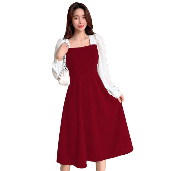 TWO TONE SQUARE NECK BISHOP SLEEVE DRESS