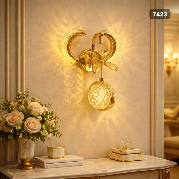Luxury Crystal LED Wall Light – Golden Modern Wall Lamp with Decorative Glass Shade | Stylish Home Decor Light for Bedroom, Living Room & Hallway
