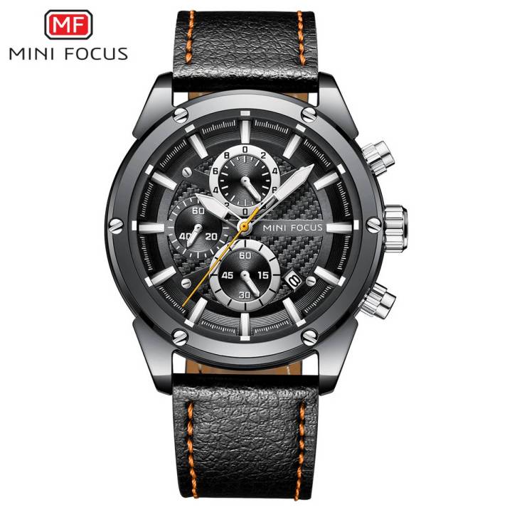Mini Focus Black Dial Black Leather Strap Chronograph Watch for