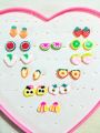 Cute Cartoon & Fruit Stud Earrings Set for Kid Girls – 6, 12 Pairs of Plastic Fun & Colorful Ear Studs. 