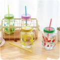 Multicolor  Heat Resistant Fruity Glass Mason Jar Mugs Fruit Juice Cups with Lid and Straw For Milk,  Milkshakes Juices  480 ml. 