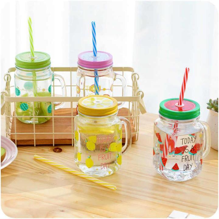 Multicolor  Heat Resistant Fruity Glass Mason Jar Mugs Fruit Juice Cups with Lid and Straw For Milk,  Milkshakes Juices  480 ml