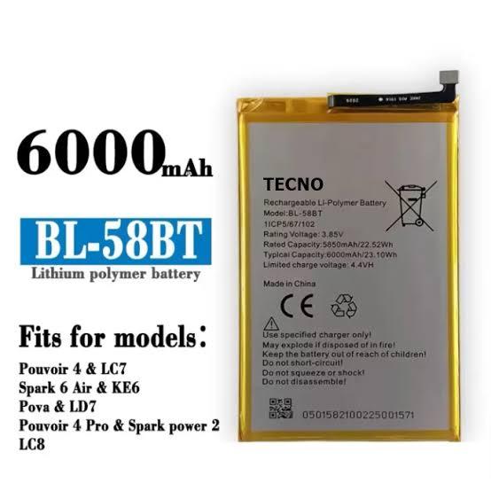 TECNO Pouvoir 4 / Pouvoir 4 Pro Battery Replacement BL-58BT Battery with 6000mAh