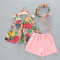 Lifetime Summer Baby Girls Floral Sleeveless Clothing Set Bowknot Vest+Pink Shorts Pants seluar. 