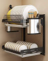 2 Tier Kitchen Dish Rack Hanging Drying Plate Organizer Storage Shelf over the Sink, Wall Mount Bowl Holder with Drain Tray And 3 Hooks. 