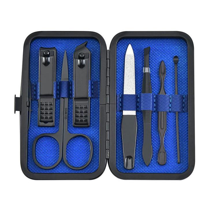 Pocket Size Stainless Steel Makeup Kit 7Pieces Men/Women Manicure Set Pedicure Kit (Black,Steel)Fingernails & Toenails Clippers Set Professional Nail Pedicure Tools Grooming Kit Nail Scissors Cutter Tweezers Scissors Eyebrow Nail file for Man & Women Gift