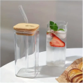 Square Glass - Square shape Glass with glass straw and wooden lid -Premium Transparent Square Drinking Glass Tumbler with Bamboo Lid And Glass Straw - Household kitchen accessories. 