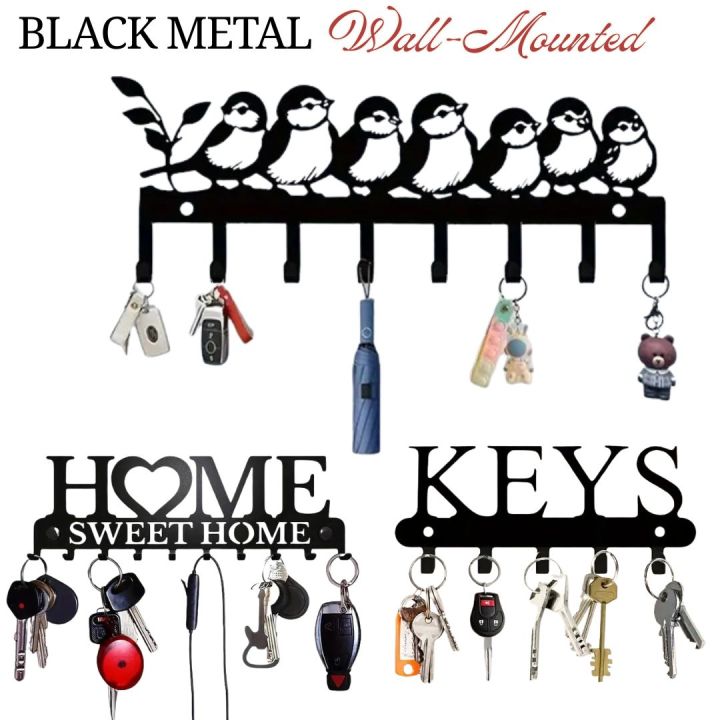 Black Metal Wall-Mounted Key Holder Organizer Top & "Home Sweet Home" Label - Door/Wall-Mounted Key Storage with Multiple Hooks for Entryway, Bedroom, Office, Car - Decorative Key Organizer with Sturdy Metal & Elegant Black Finish - Easy