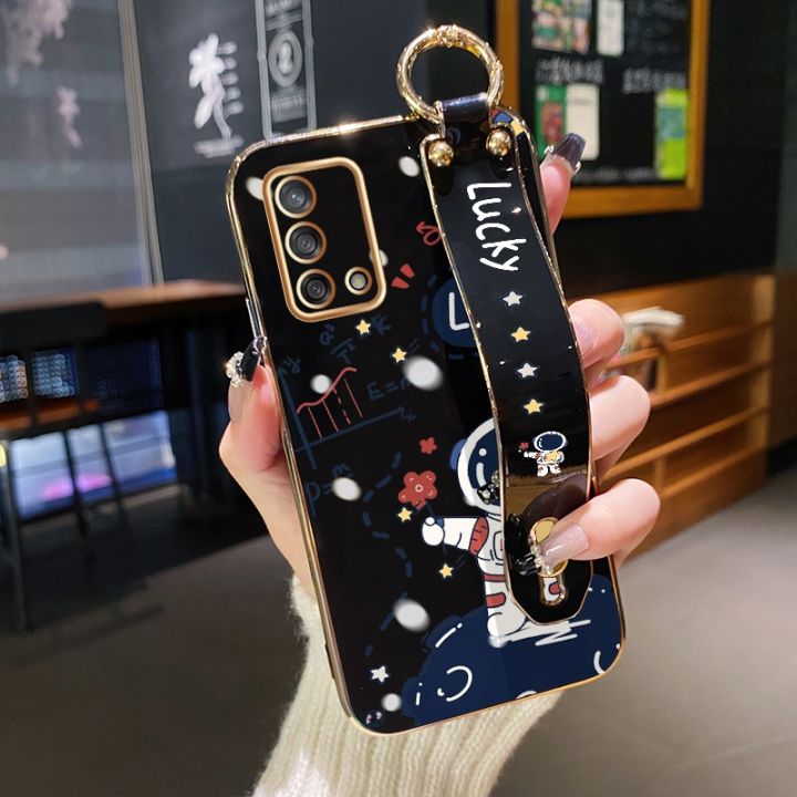 YIWESAN For OPPO A95 4G Case With Wristband New Design Phone Case For Girl Women Thin Pattern Fashion Astronaut Shockproof Plating Silicone Casing Full Cover SoftCase Protection Cases