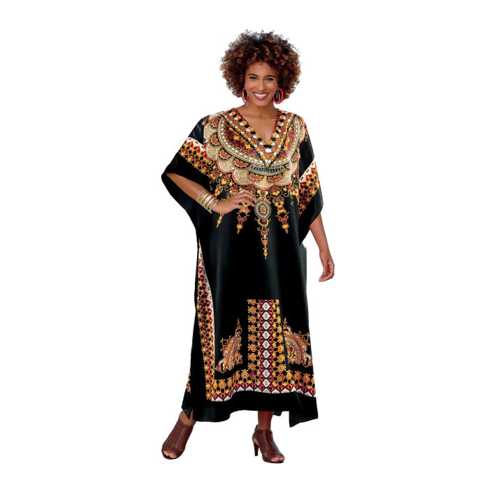 Printed Silk Kaftan Dress for Women & Girls | 52” Long Nightwear, Loungewear Abaya, Fancy Kaftans for Pakistani Girls & Women | One Size Fits Up to XXXL Nighty & Maternity Dresses