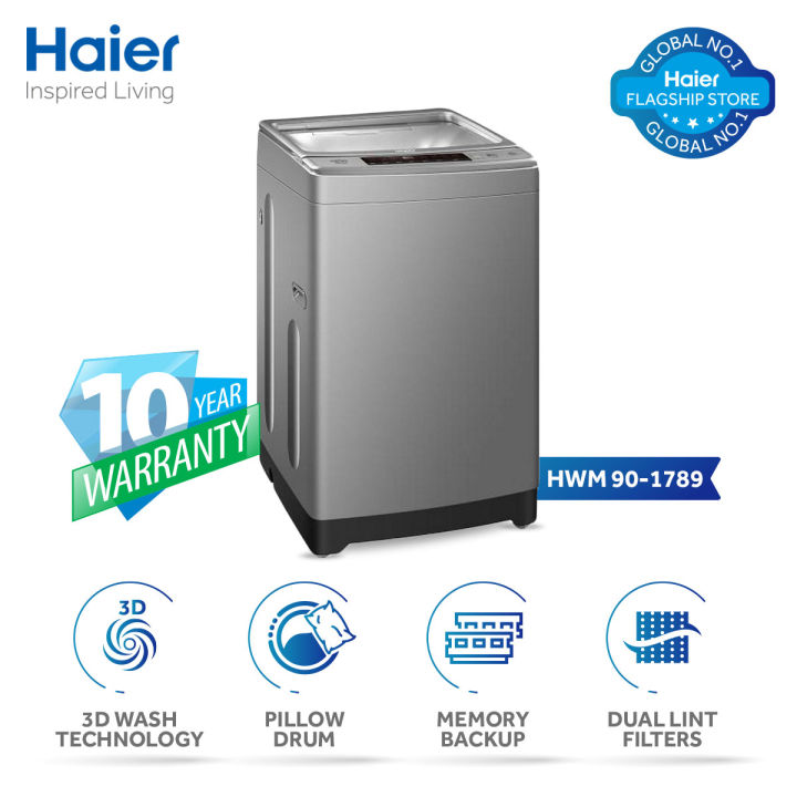 Haier Fully Automatic Washing Machine  HWM 90-1789  Top Load  9 KG  3D Wash Series  With 10  Years Official Warranty