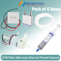 Set of 5pcs TEC1-12706 Peltier Module , HY510 Thermal Compound Grease Paste 40*40*12mm Water Block , 2 Fit pipe and  DC 12V 370 Diaphragm Water pump Self Priming Pump. 
