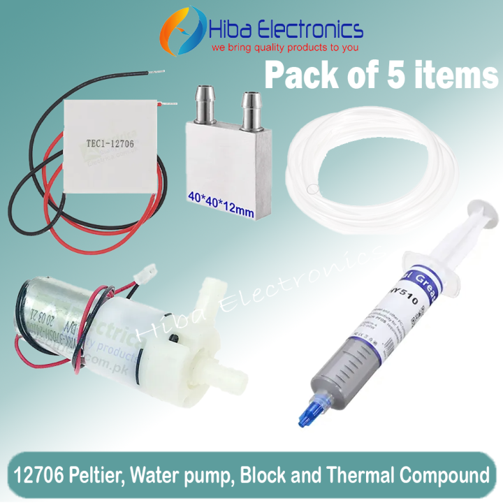Set of 5pcs TEC1-12706 Peltier Module , HY510 Thermal Compound Grease Paste 40*40*12mm Water Block , 2 Fit pipe and  DC 12V 370 Diaphragm Water pump Self Priming Pump