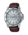 Casio General Mens Silver Stainless Steel Case Round Analog Date Silver Dial Brown Leather Strap Watch-MTP-V004L-7CUDF. 