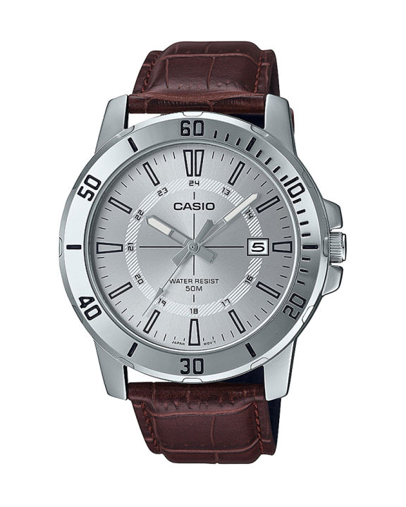 Casio General Mens Silver Stainless Steel Case Round Analog Date Silver Dial Brown Leather Strap Watch-MTP-V004L-7CUDF