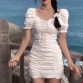 Ladies Mini Skirt, Girls Summer Temperament Solid Color Puff Sleeve Drawstring Ruched Short Dress. 