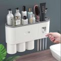Dustproof with Super Sticky Suction Pad Wall Mounted Toothbrush Holder and Automatic Toothpaste Dispenser. 