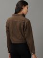 Spread Collar Crop Brown Denim Jacket. 