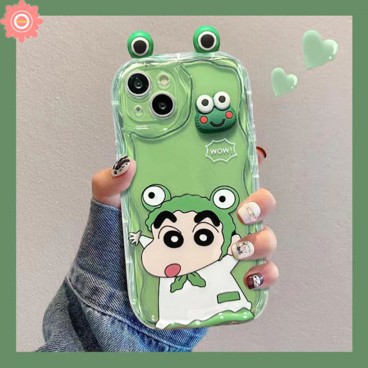 Crayon Shin-chan Case Compatible For IPhone 7Plus 15 14 13 1112 Pro Max XR 15 6 8 7 6S Plus XS MAX X SE 2020 Big Eye Green Frog Doll 3D Wavy Curved Edge Cover