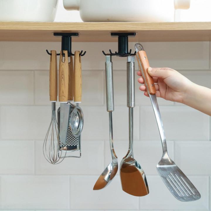 6 Hooks Kitchen 360° Rotating Hook Storage Rack Rotating Cooking Utensils Holder Hanging Cabinet Kitchen Tool Towel Spoon Pan Pot Organizer