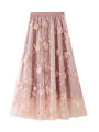 In stock Women's Long Tulle Skirt, Casual High Waist 3D Flower Embroidery Solid Color Midi Swing Skirt. 