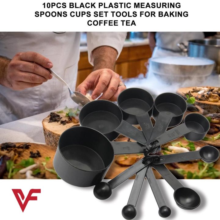 High Quality Black Plastic 10 Pcs Kitchen Measuring Spoons Cups Spoon Baking Coffee Tablespoon Teaspoon Measuring Set Tools Kitchen Scales Measuring Cup And Spoon Coffee Sugar Scoop Cooking Tool Baking Accessories