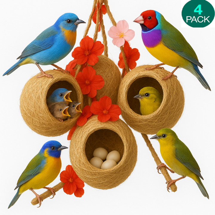 4 pack coir , coconut fiber Safest Round Organic Bird nest Purely Handmade Bird Nest Parrot Nest Breeding Hut Birds House Nest Hatching Medium Size Hut Nest house for java , finches , golden finch , Saffron finch, gouldian finch