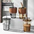 450ml Coffee Glass Mug Cups with Lids and Straws with Leather Sleeve Reusable Glass Coffee Tumbler. 