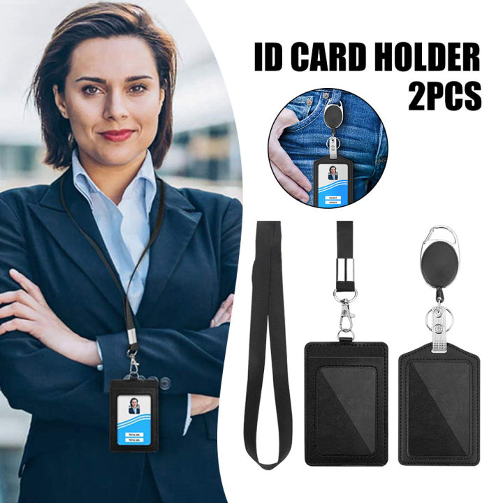 2 Pack of ID Card Holder with Neck Lanyard Strap and Retractable Badge Reel