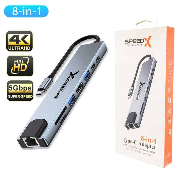 Speed-X 8-in-1 USB-C Multiport Adapter with 4K HDMI, Ethernet RJ45, USB 3.0 Ports, PD Fast Charging, SD/TF Card Reader, and Multi-Function Type-C Hub Converter for Laptops, Tablets, and Smartphones | Daraz.pk