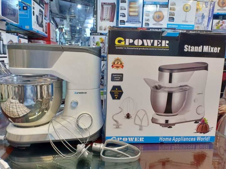 G-Power Dough Maker & Cream Mixer Beater Kneading Machine Stand Mixer with Dough Hook Capacity 5 and 6 Liters Stainless Steel Bowl - 6 Speed - Atta Gunday wali Machine